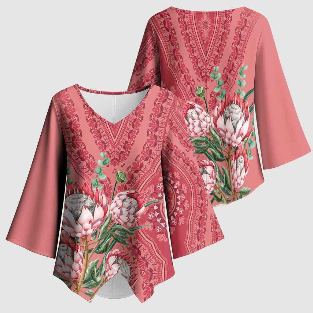 Africa King Proteas Dashiki Motif Kimono Sleeve Blouse Peach Style