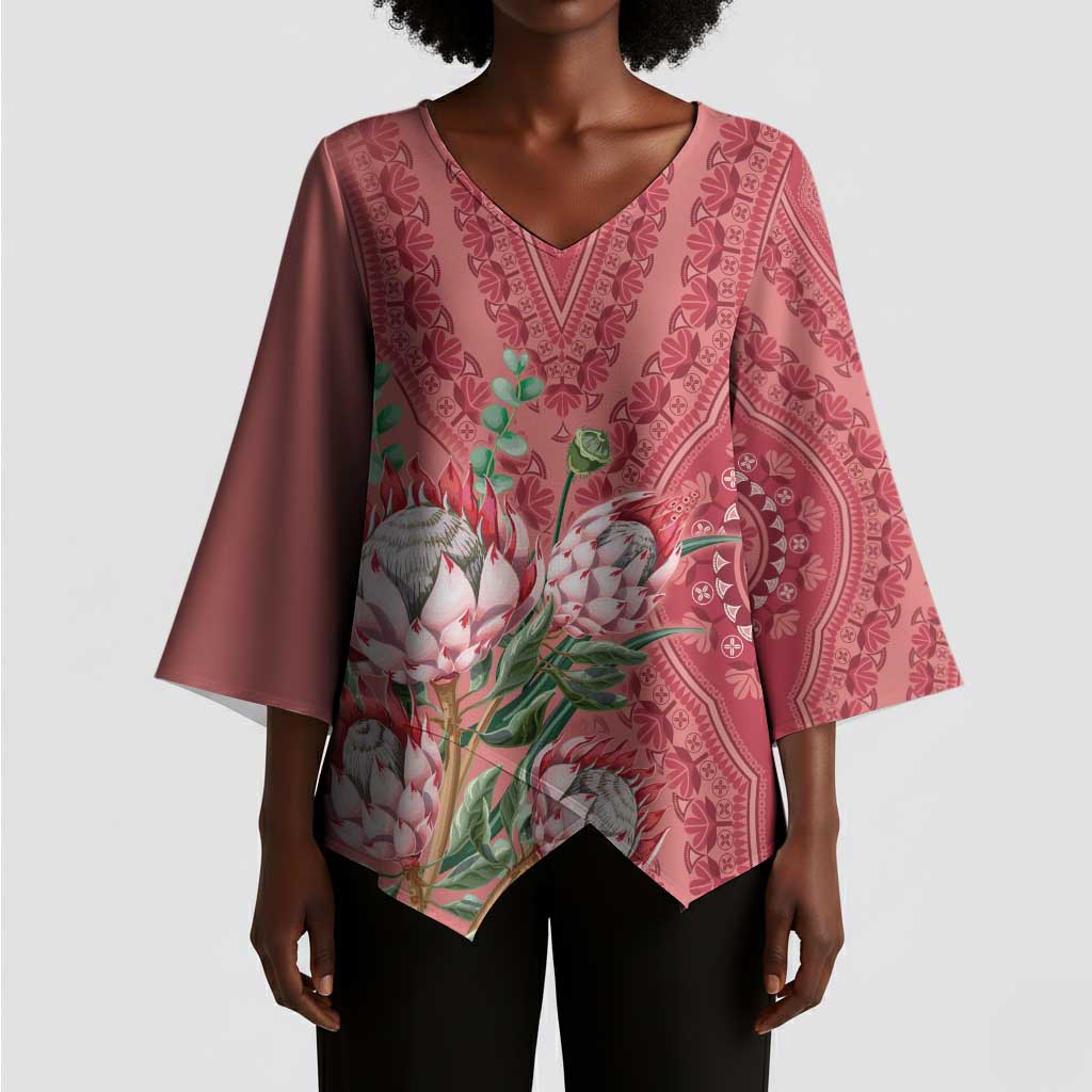 Africa King Proteas Dashiki Motif Kimono Sleeve Blouse Peach Style