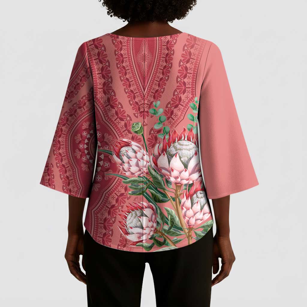 Africa King Proteas Dashiki Motif Kimono Sleeve Blouse Peach Style