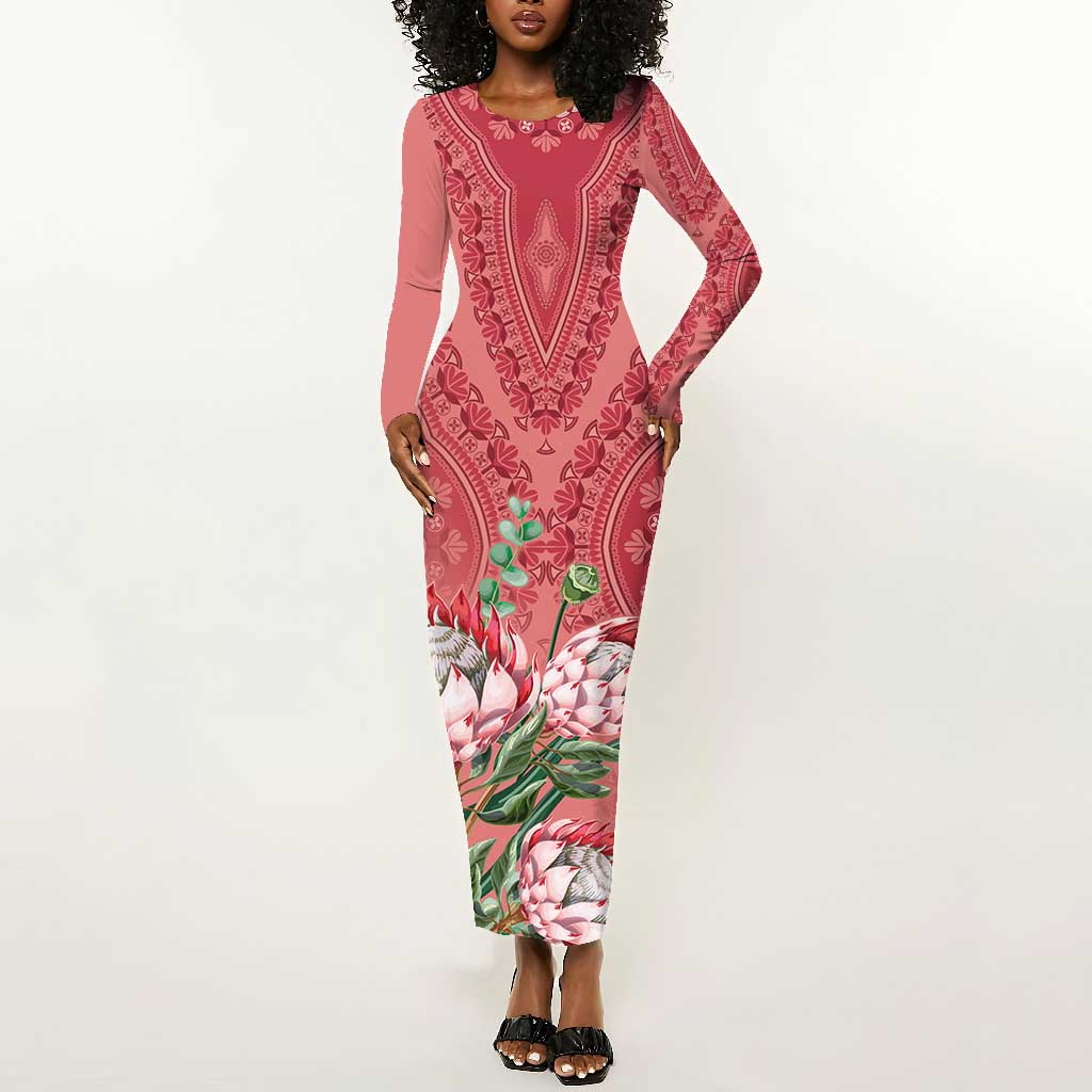 Afro King Proteas Dashiki Motif Long Sleeve Bodycon Dress Peach Style