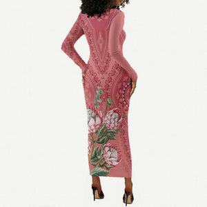 Afro King Proteas Dashiki Motif Long Sleeve Bodycon Dress Peach Style