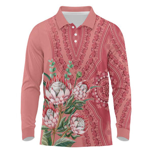 Afro King Proteas Dashiki Motif Long Sleeve Polo Shirt Peach Style