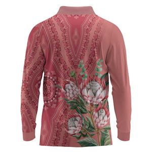 Afro King Proteas Dashiki Motif Long Sleeve Polo Shirt Peach Style