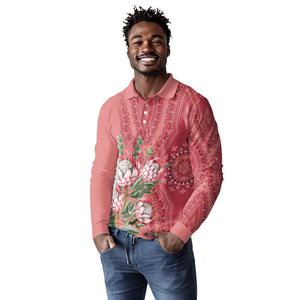 Afro King Proteas Dashiki Motif Long Sleeve Polo Shirt Peach Style