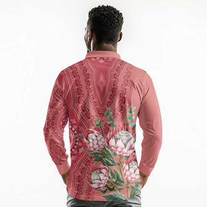 Afro King Proteas Dashiki Motif Long Sleeve Polo Shirt Peach Style