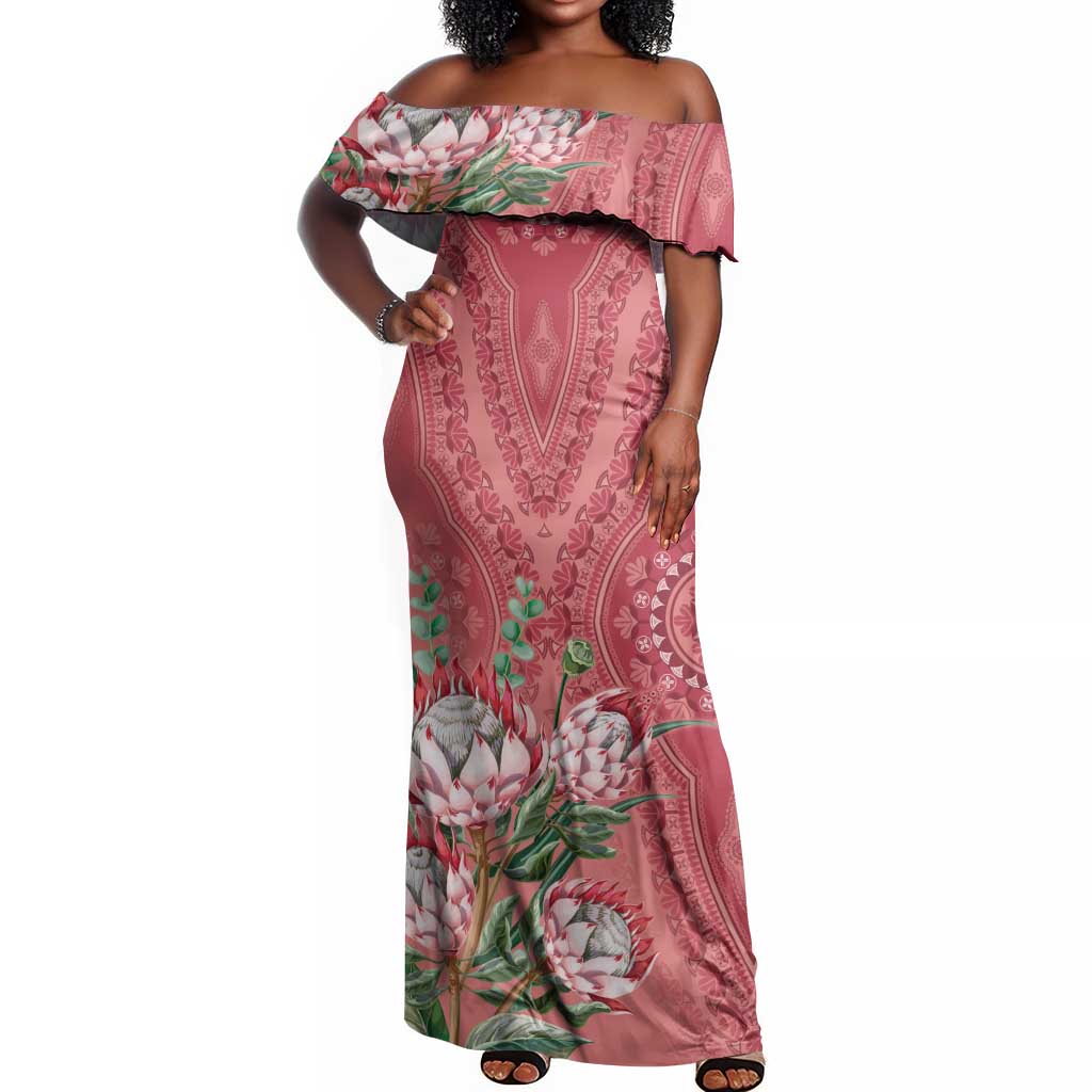 Afro King Proteas Dashiki Motif Off Shoulder Maxi Dress Peach Style