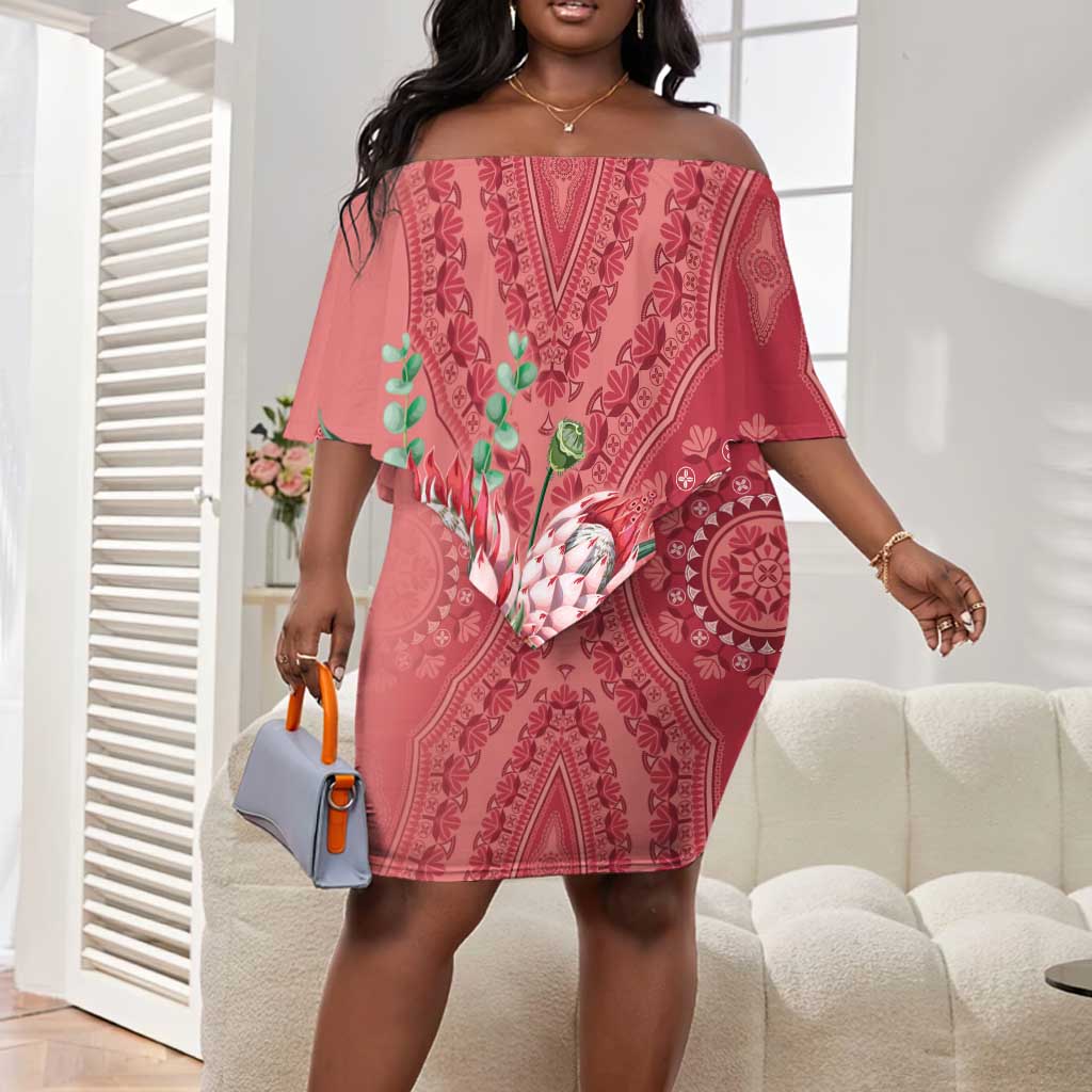 Afro King Proteas Dashiki Motif Off Shoulder Short Dress Peach Style