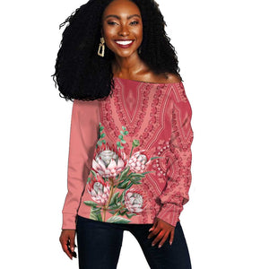 Afro King Proteas Dashiki Motif Off Shoulder Sweater Peach Style