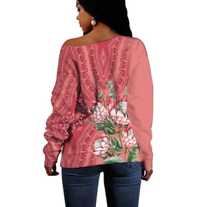 Afro King Proteas Dashiki Motif Off Shoulder Sweater Peach Style