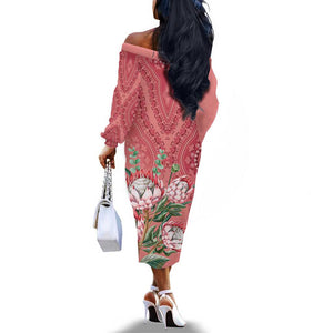 Afro King Proteas Dashiki Motif Off The Shoulder Long Sleeve Dress Peach Style