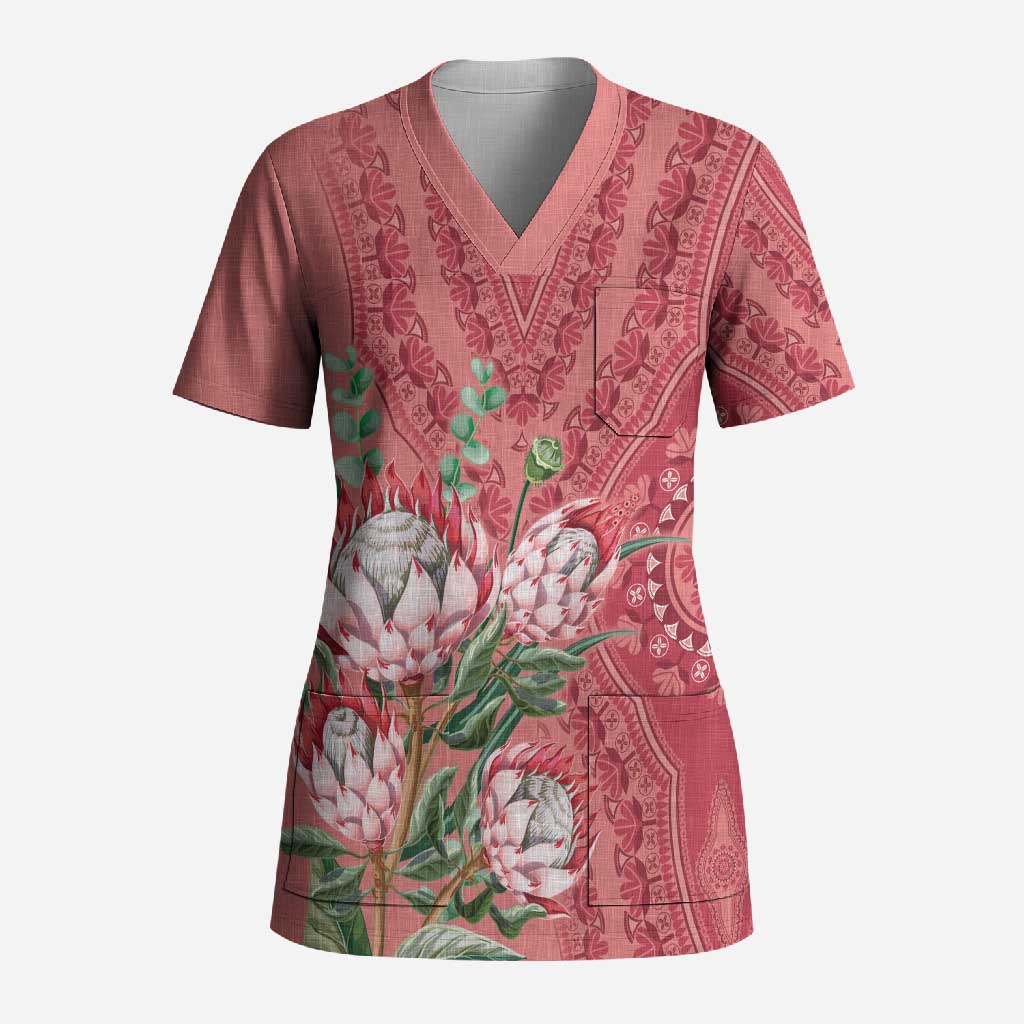 Africa King Proteas Dashiki Motif Scrub Top Peach Style