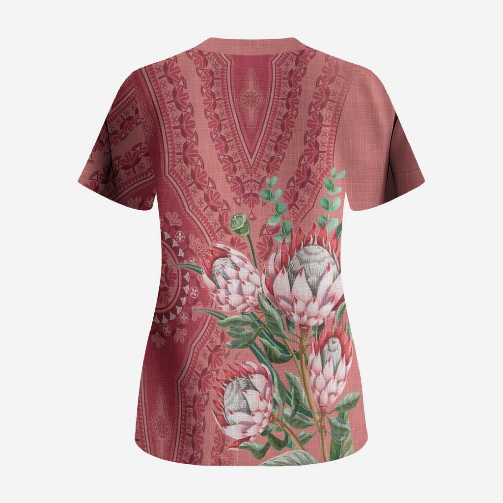 Africa King Proteas Dashiki Motif Scrub Top Peach Style