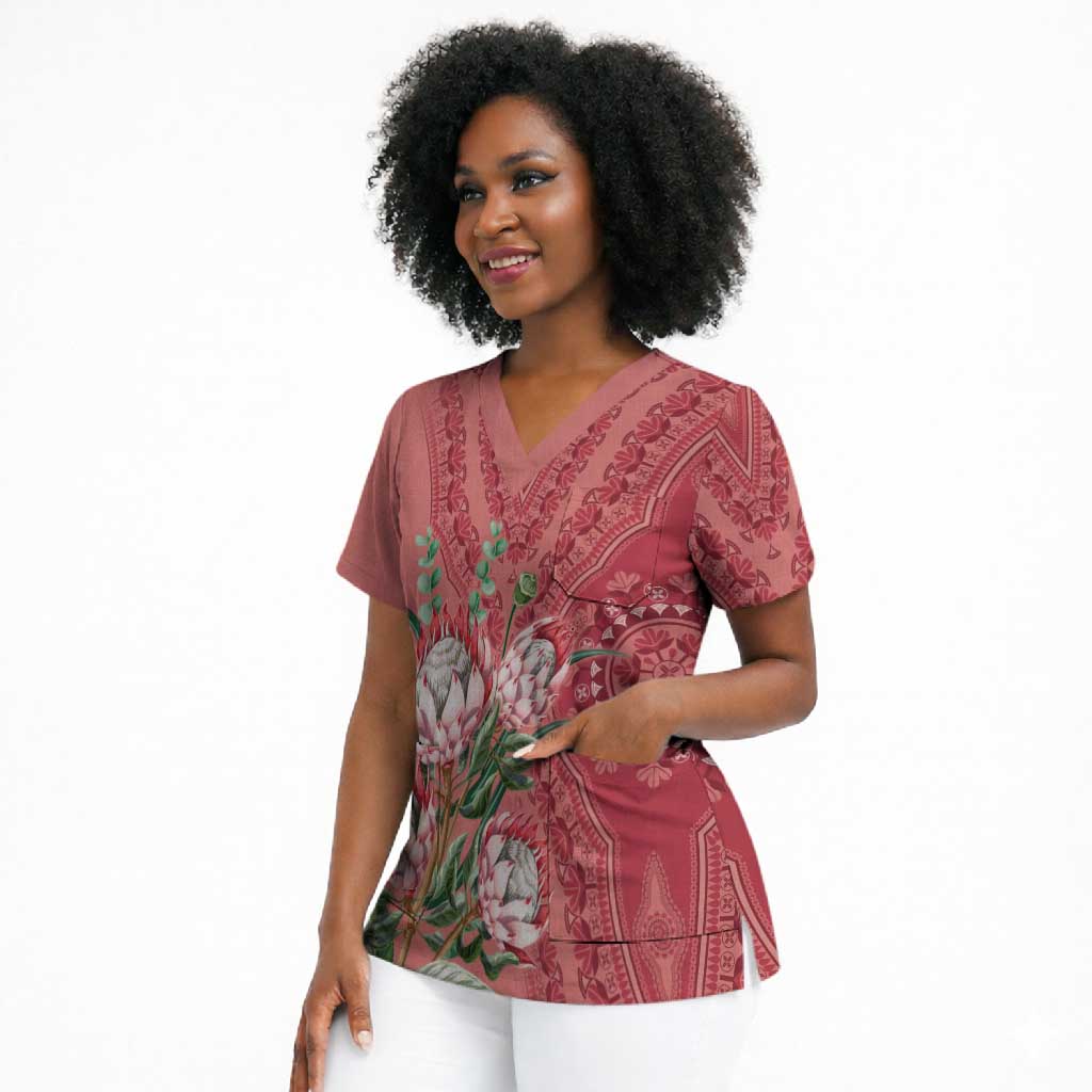 Africa King Proteas Dashiki Motif Scrub Top Peach Style