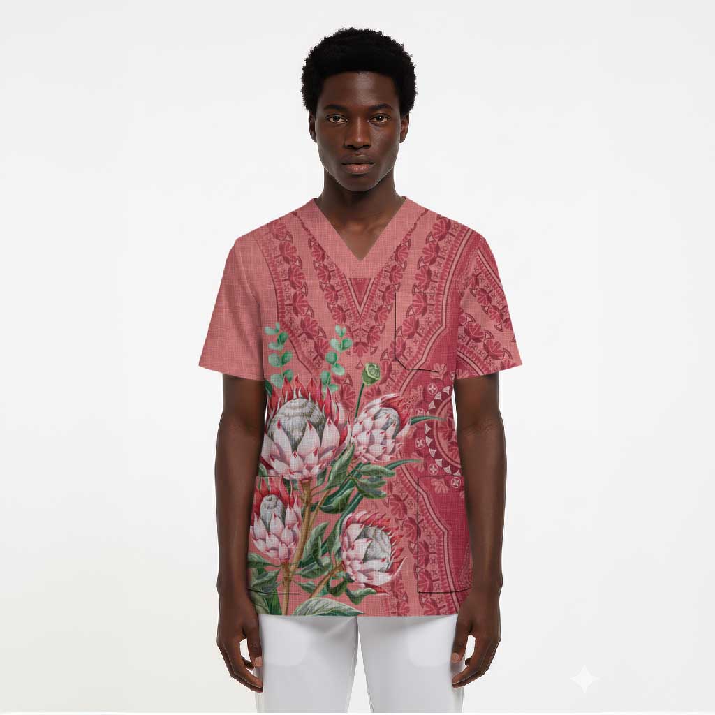 Africa King Proteas Dashiki Motif Scrub Top Peach Style