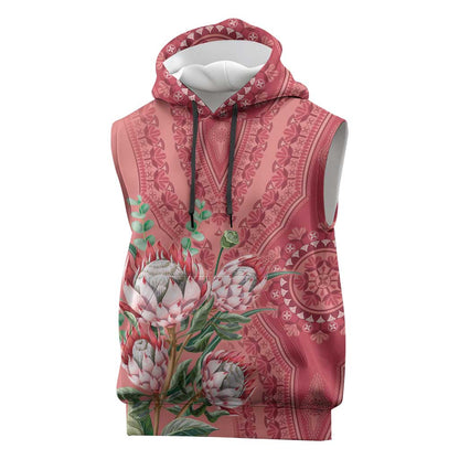 Afro King Proteas Dashiki Motif Sleeveless Hoodie Peach Style - African Pride