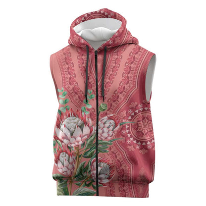 Afro King Proteas Dashiki Motif Sleeveless Zip Hoodie Peach Style - African Pride