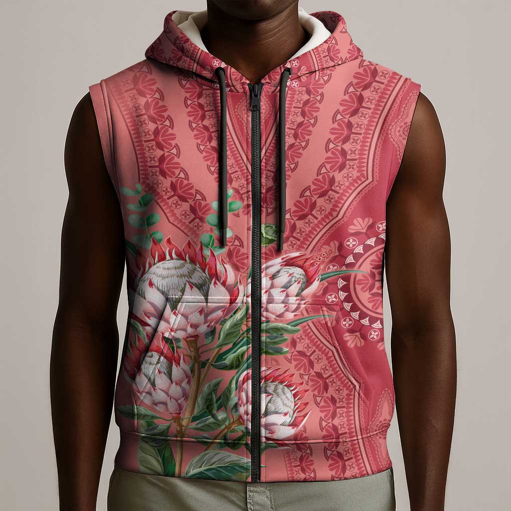 Afro King Proteas Dashiki Motif Sleeveless Zip Hoodie Peach Style - African Pride