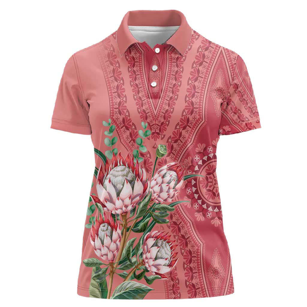 Afro King Proteas Dashiki Motif Women Polo Shirt Peach Style