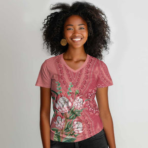 Afro King Proteas Dashiki Motif Women V-Neck T-Shirt Peach Style