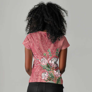 Afro King Proteas Dashiki Motif Women V-Neck T-Shirt Peach Style