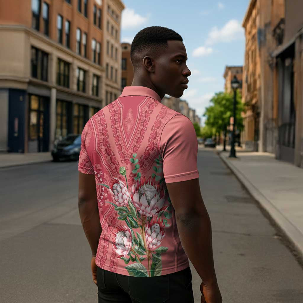 Africa King Proteas Dashiki Motif Zipper Polo Shirt Peach Style