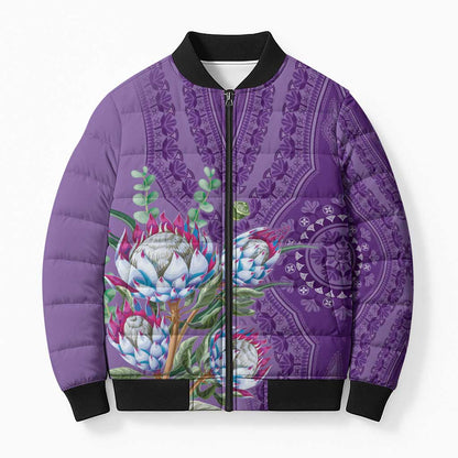 Africa King Proteas Dashiki Motif Bomber Puffer Jacket Violet Style