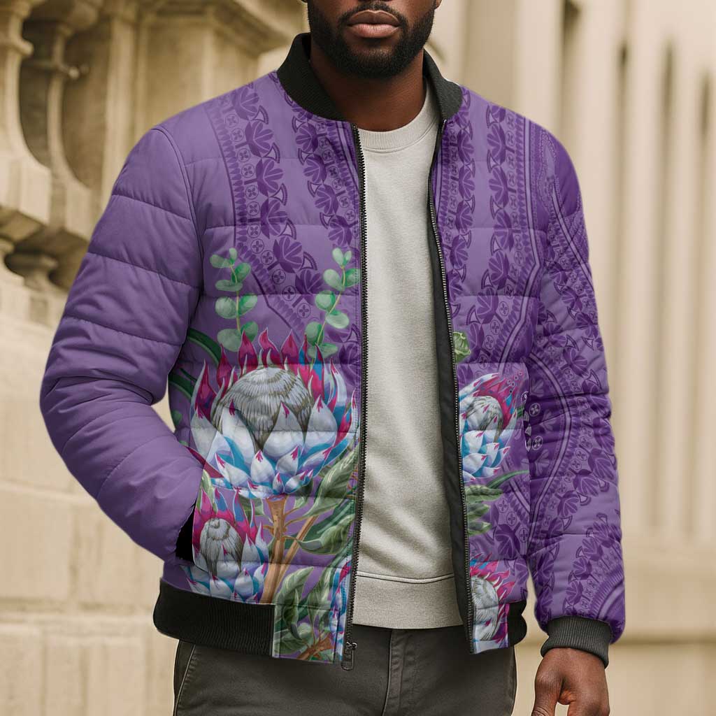 Africa King Proteas Dashiki Motif Bomber Puffer Jacket Violet Style