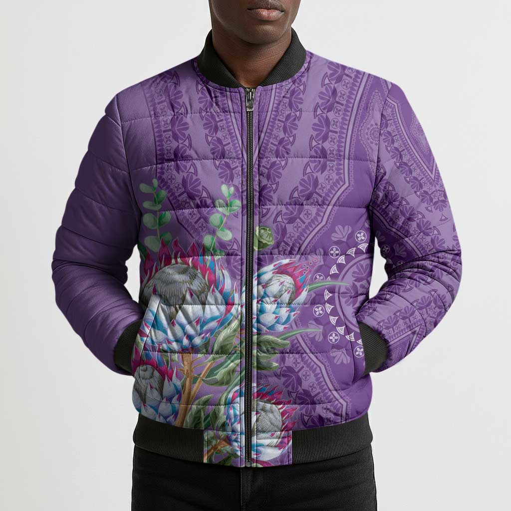 Africa King Proteas Dashiki Motif Bomber Puffer Jacket Violet Style