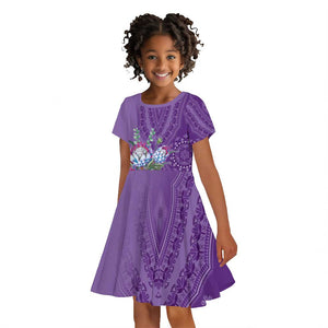 Afro King Proteas Dashiki Motif Kid Short Sleeve Dress Violet Style