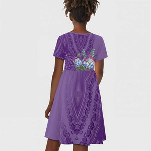 Afro King Proteas Dashiki Motif Kid Short Sleeve Dress Violet Style