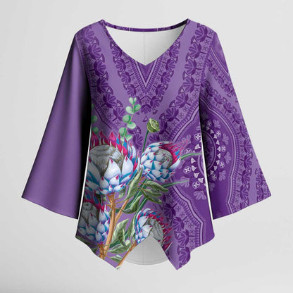Africa King Proteas Dashiki Motif Kimono Sleeve Blouse Violet Style
