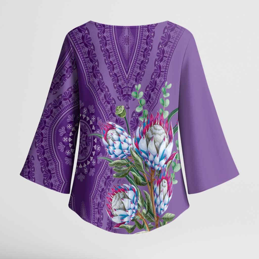 Africa King Proteas Dashiki Motif Kimono Sleeve Blouse Violet Style