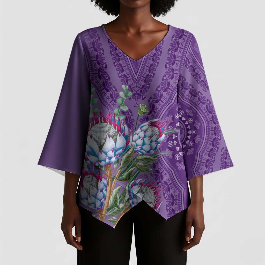 Africa King Proteas Dashiki Motif Kimono Sleeve Blouse Violet Style