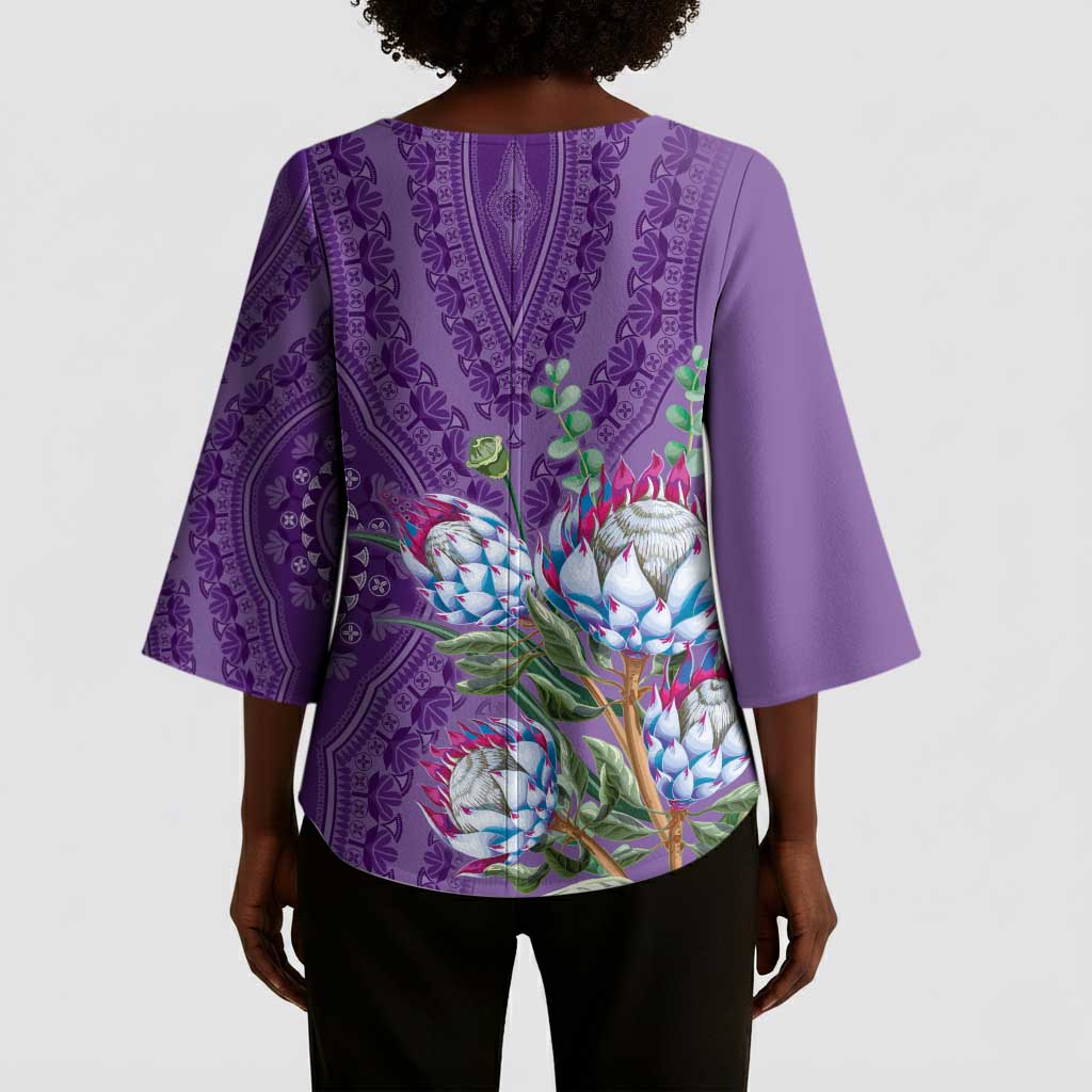 Africa King Proteas Dashiki Motif Kimono Sleeve Blouse Violet Style