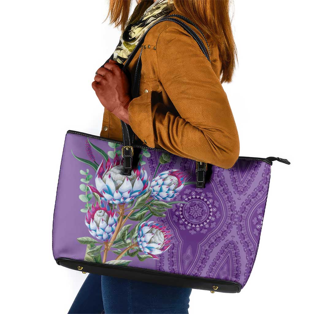 Afro King Proteas Dashiki Motif Leather Tote Bag Violet Style