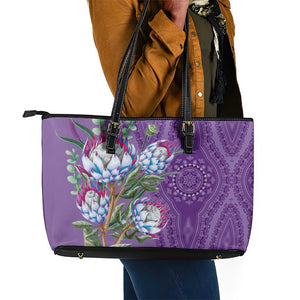 Afro King Proteas Dashiki Motif Leather Tote Bag Violet Style