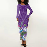 Afro King Proteas Dashiki Motif Long Sleeve Bodycon Dress Violet Style LT9