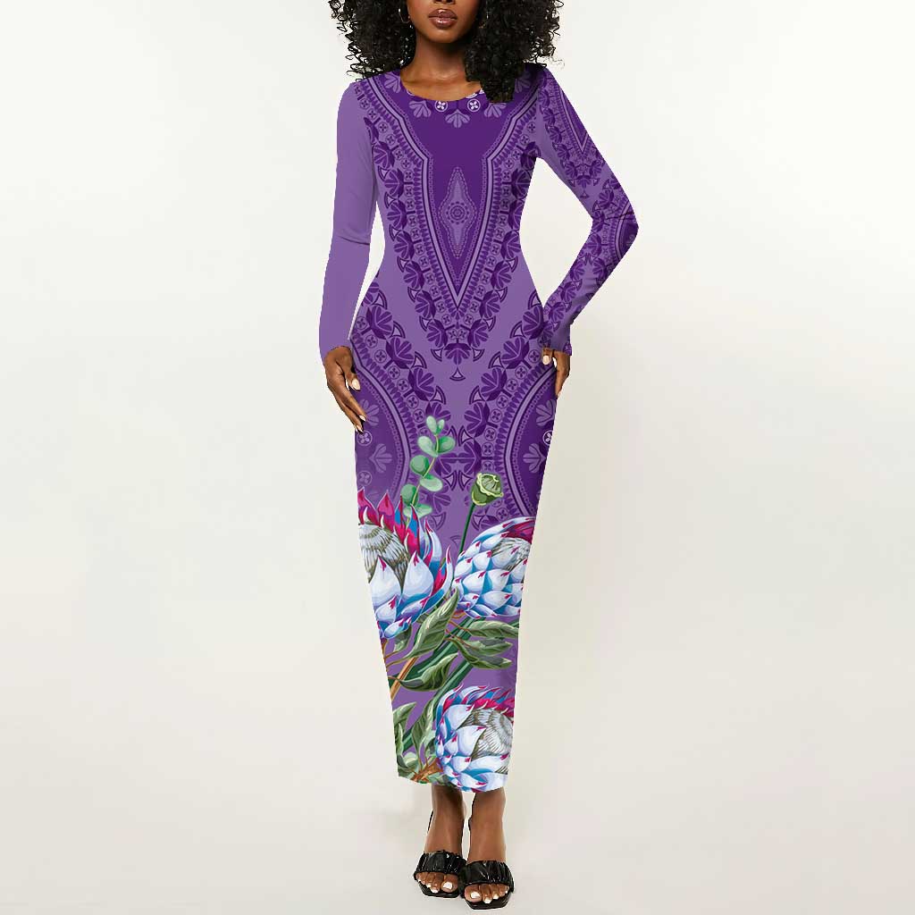 Afro King Proteas Dashiki Motif Long Sleeve Bodycon Dress Violet Style