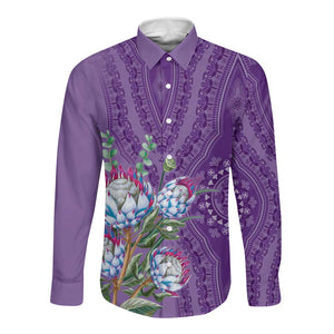 Afro King Proteas Dashiki Motif Long Sleeve Button Shirt Violet Style
