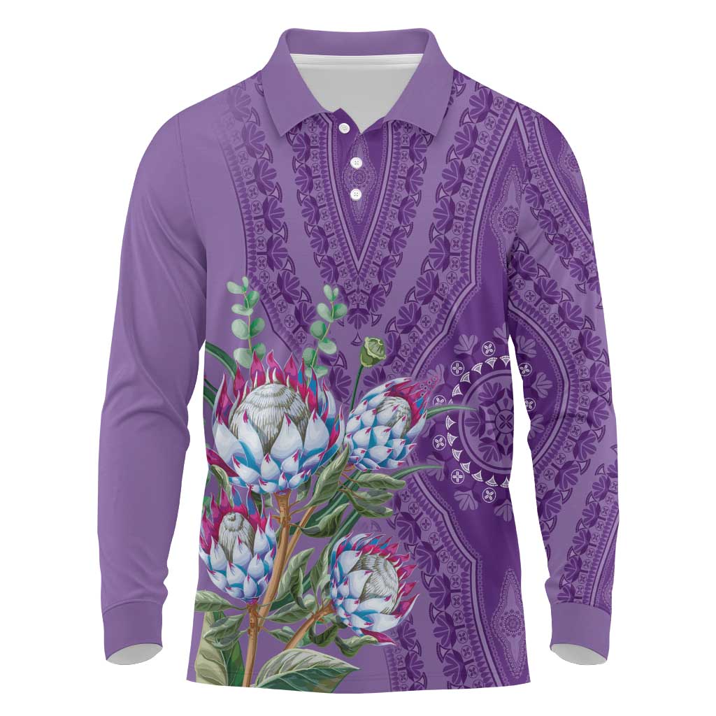 Afro King Proteas Dashiki Motif Long Sleeve Polo Shirt Violet Style