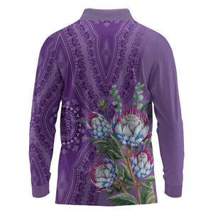 Afro King Proteas Dashiki Motif Long Sleeve Polo Shirt Violet Style