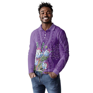 Afro King Proteas Dashiki Motif Long Sleeve Polo Shirt Violet Style