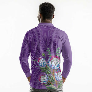 Afro King Proteas Dashiki Motif Long Sleeve Polo Shirt Violet Style