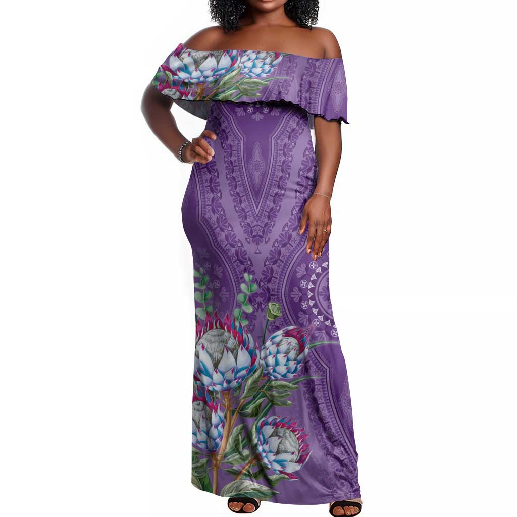 Afro King Proteas Dashiki Motif Off Shoulder Maxi Dress Violet Style