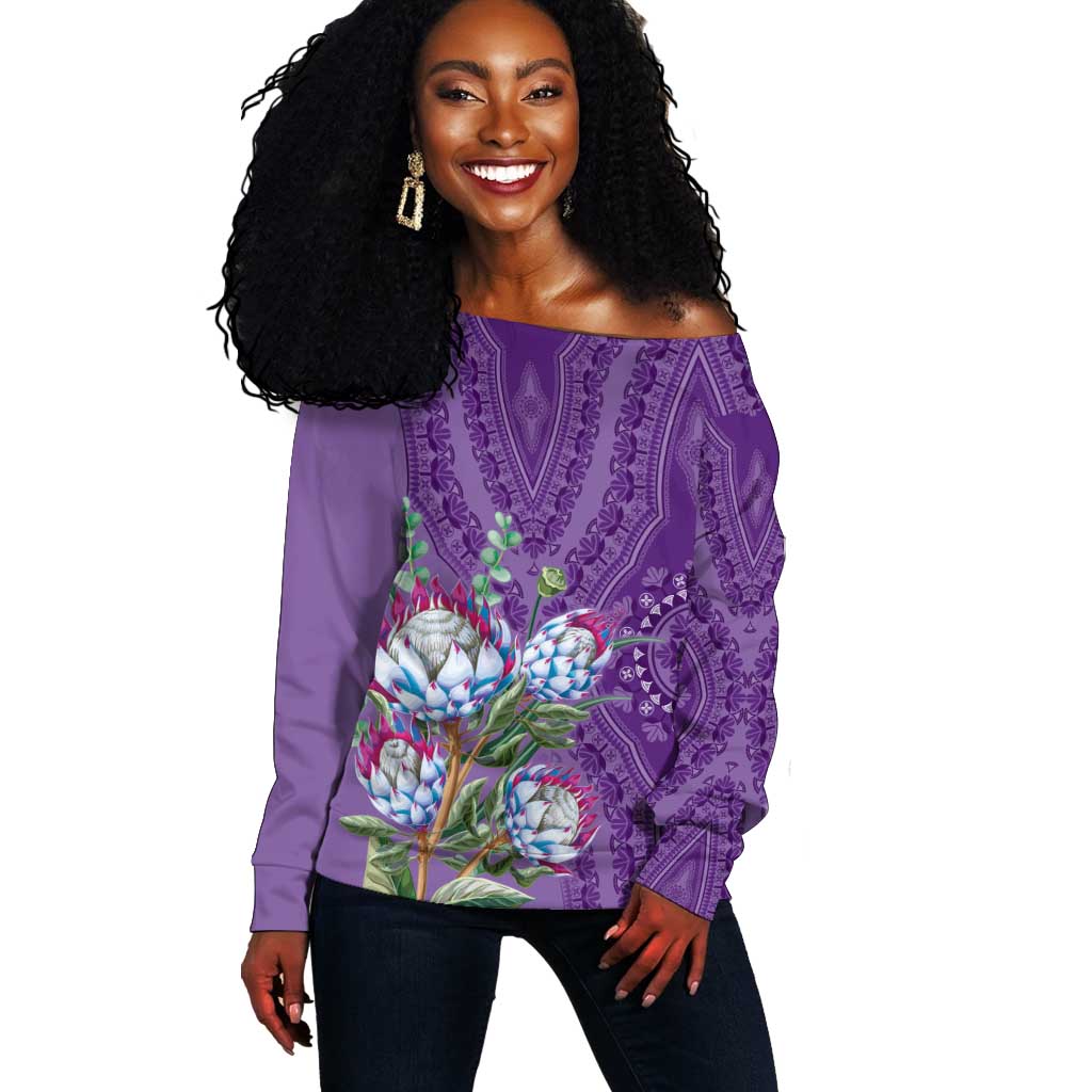 Afro King Proteas Dashiki Motif Off Shoulder Sweater Violet Style