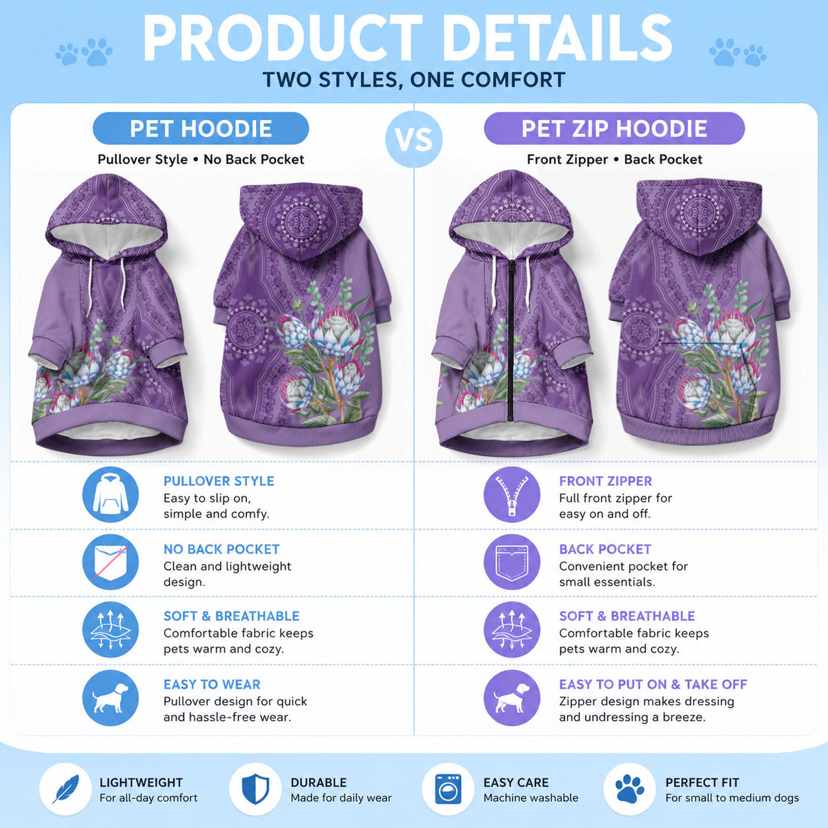 Africa King Proteas Dashiki Motif Pet Hoodie Violet Style