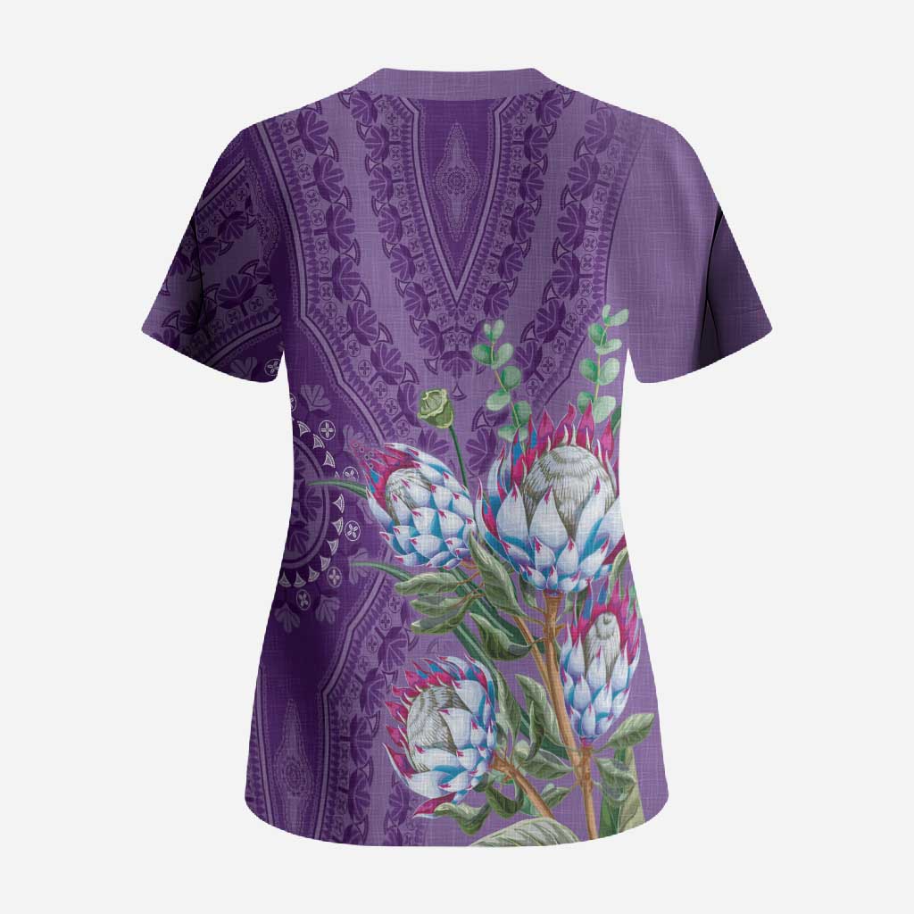 Africa King Proteas Dashiki Motif Scrub Top Violet Style
