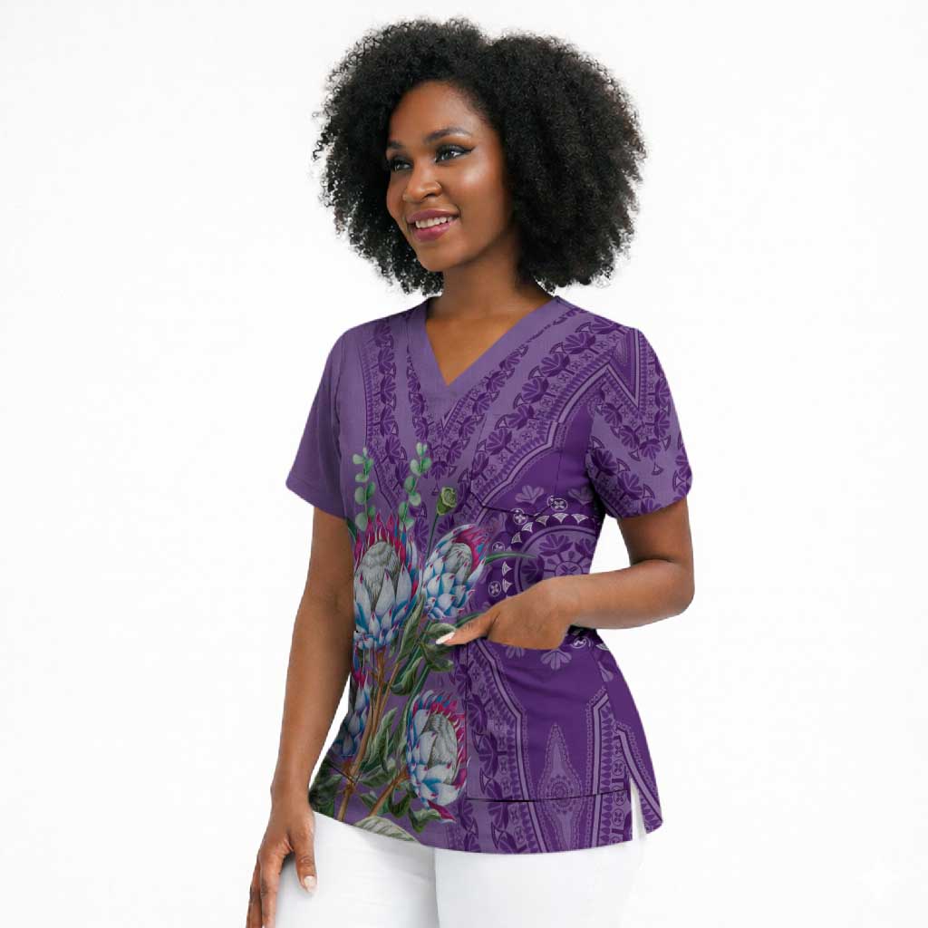 Africa King Proteas Dashiki Motif Scrub Top Violet Style
