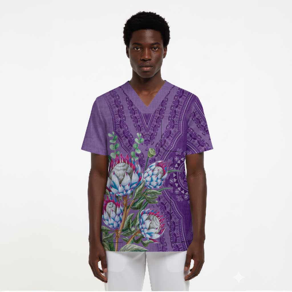 Africa King Proteas Dashiki Motif Scrub Top Violet Style