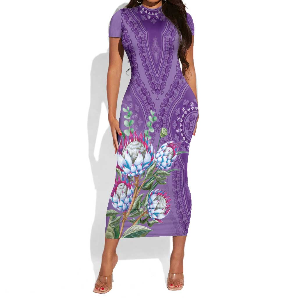 Afro King Proteas Dashiki Motif Short Sleeve Bodycon Dress Violet Style